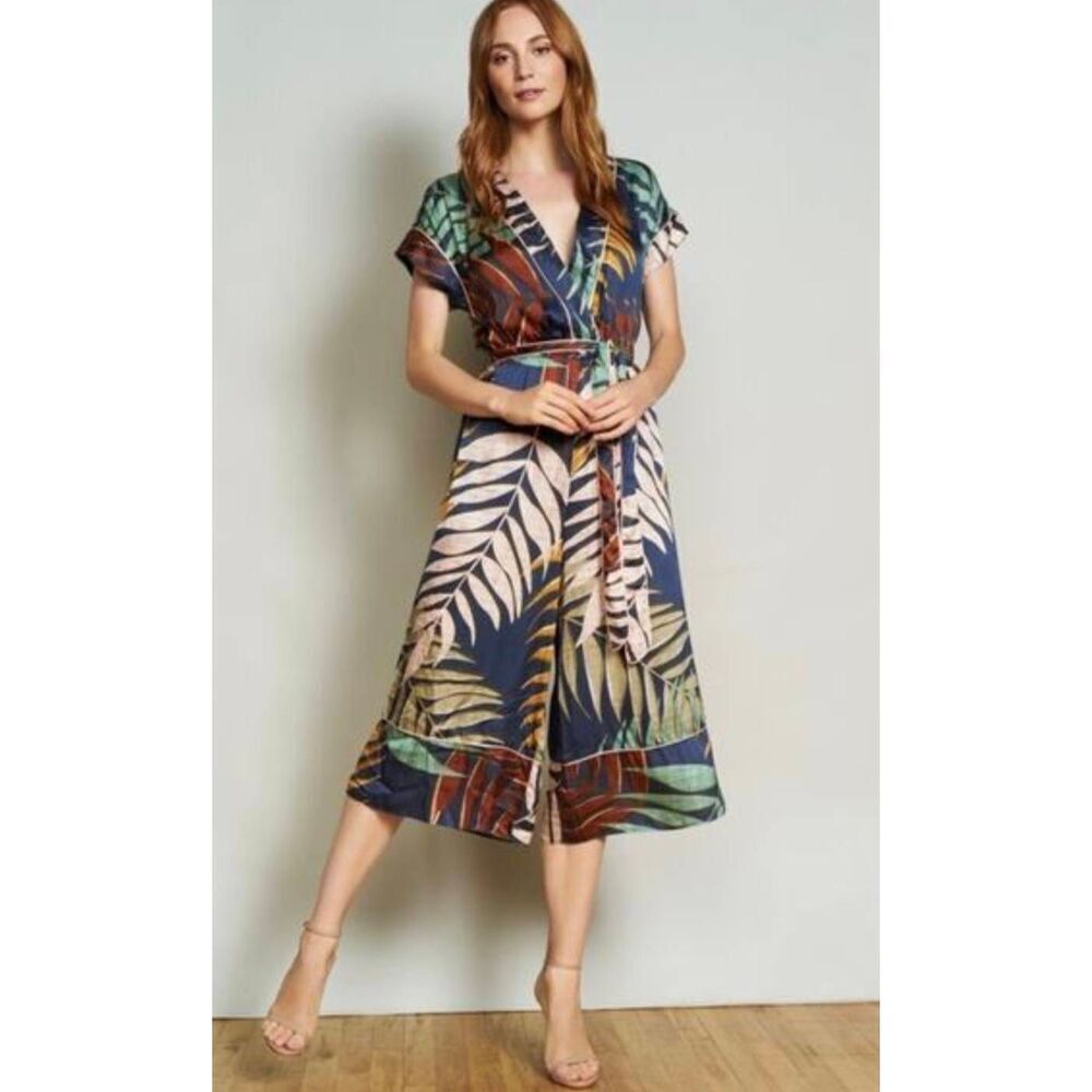 Hutch Anthropologie Jess Leaf Print Cropped Wide Leg Satin Jumpsuit Jumper